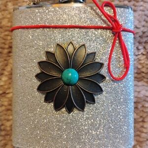 Silver Glitter Flask with Floral Design